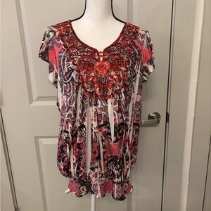 One World pink and red patterned floral beaded detail neck blouse size XL